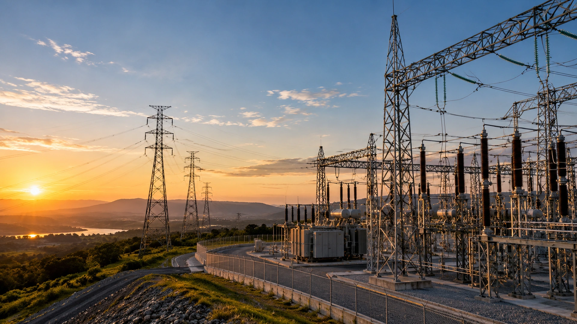 Subestação e linhas de transmissão em infraestrutura elétrica de alta tensão